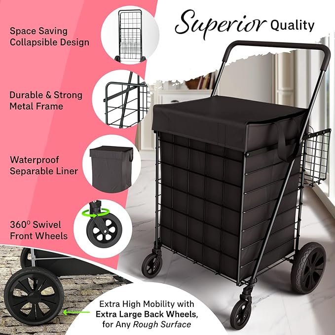 Shopping Cart w/Waterproof Basket Liner & 360° Swivel Wheels | Foldable Collapsible & Lightweight | Perfect for Groceries Laundry Utility Cart - Black