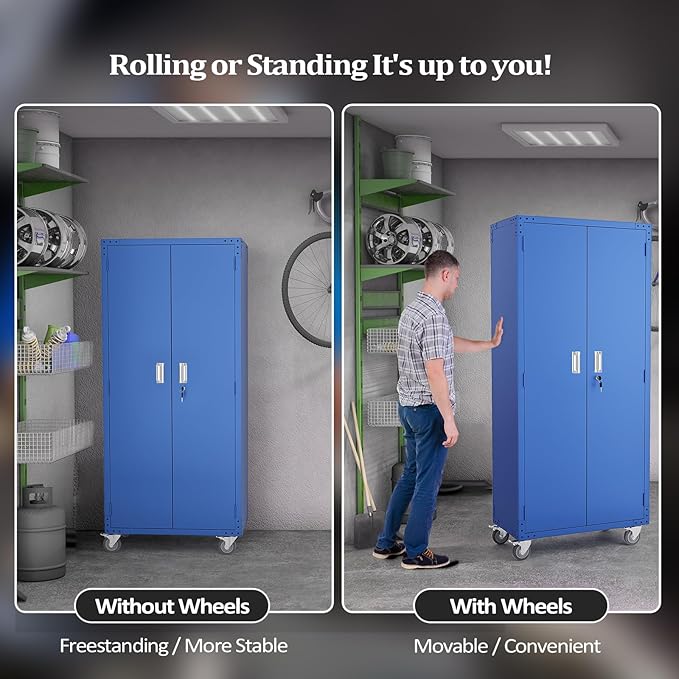 VINGLI 72'' Tall Metal Garage Storage Cabinet with Pegboards, Wheels, Locking Doors and Adjustable Shelves, File Cabinet/Tool Cabinet for Home Office/School (Blue, 32W x 16D x 72H)