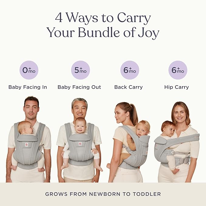 Ergobaby Omni Deluxe Baby Carrier Newborn to Toddler - Breathable Baby Carriers for Summer - All-Position Carrier with Enhanced Lumbar Support & Airflow (7-45 Pounds), Cotton, Pearl Grey