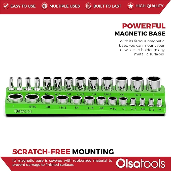 Olsa Tools Magnetic Socket Organizer | 3/8-inch Drive | SAE | Green | Holds 26 Sockets | Professional Quality Tools Organizer