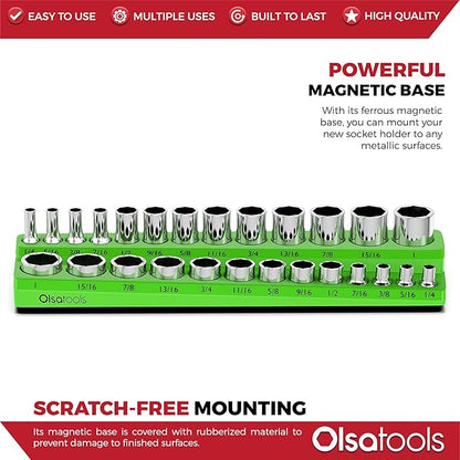 Olsa Tools Magnetic Socket Organizer | 3/8-inch Drive | SAE | Green | Holds 26 Sockets | Professional Quality Tools Organizer