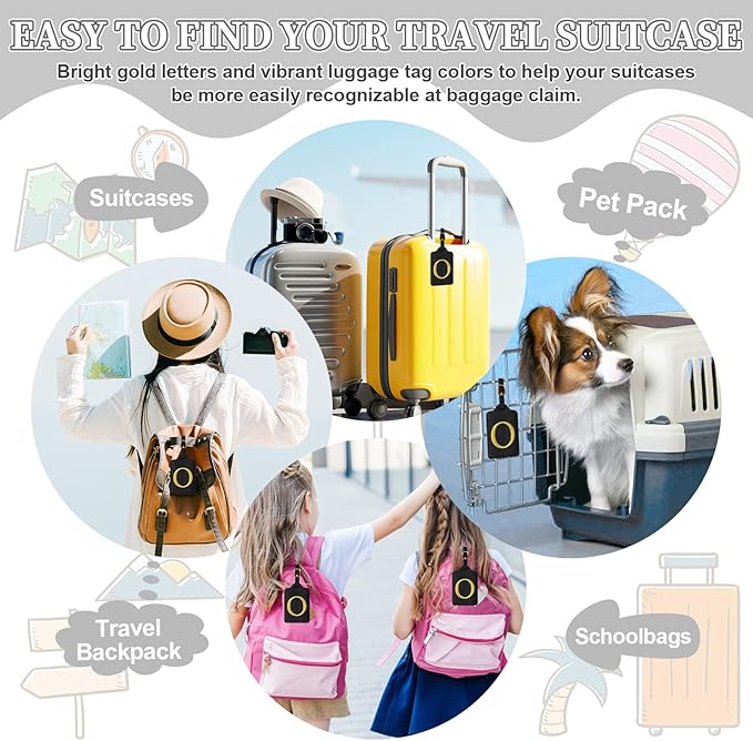 Personalized Initial Luggage Tags for Suitcase TSA Approved, Black Leather Cute Luggage Tag with Privacy Cover Name Card, Embroidered Custom Luggage Tags Travel Backpack Tags Gifts for Women Kids(O)