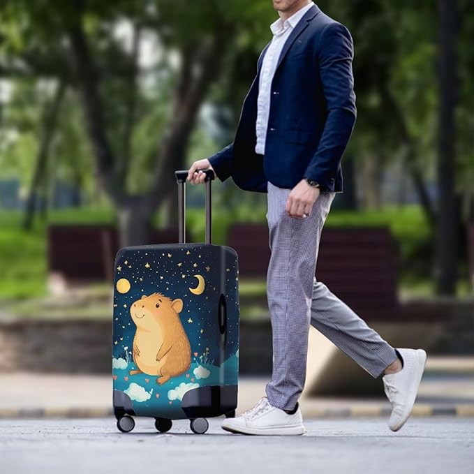 Capybara Suitcase Cover Cute Luggage Cover Protector Invisible Zipper Closure Travel Luggage Protector Fit 30-32 Inch Anti-Scratch Stretchable Suitcase Protector, Moon and Star