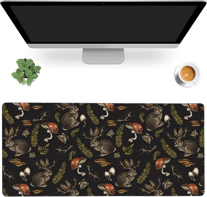 Desk Mat,Mystical Hare with Mushroom Gaming Mouse Pad,XXL Extended Mouse Pad Mat for Office,Computer,Keyboard with Non-Slip Base Stitched Eges Mousepad 35.4x15.75 inch