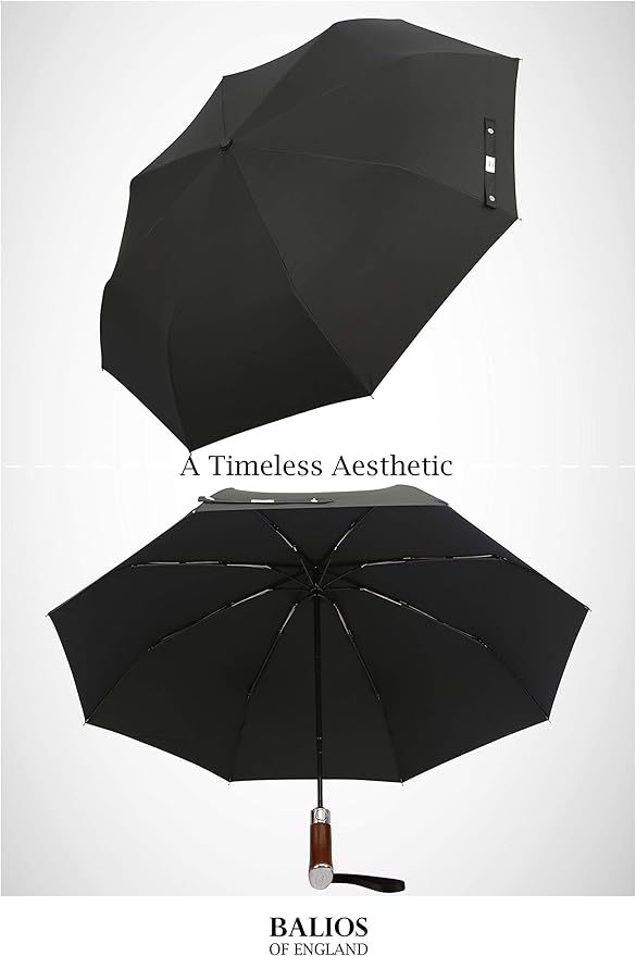 Balios (Designed in UK) Travel Umbrella Luxurious Golden Hardwood Handle Auto Open & Close Windproof Frame Single Canopy Automatic Folding Umbrella Men's & Ladies