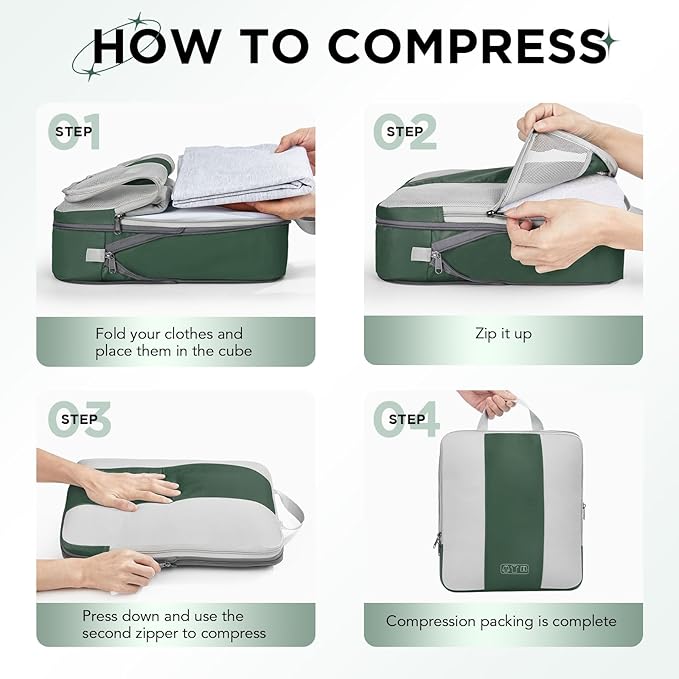 8 Set Compression Packing Cubes for Travel Essentials,Compressible Expandable Packing Cubes for Suitcase,OlarHike Luggage Organizer Bags for Travel,Handy Helper for Organizing Clothes(Dark Green)