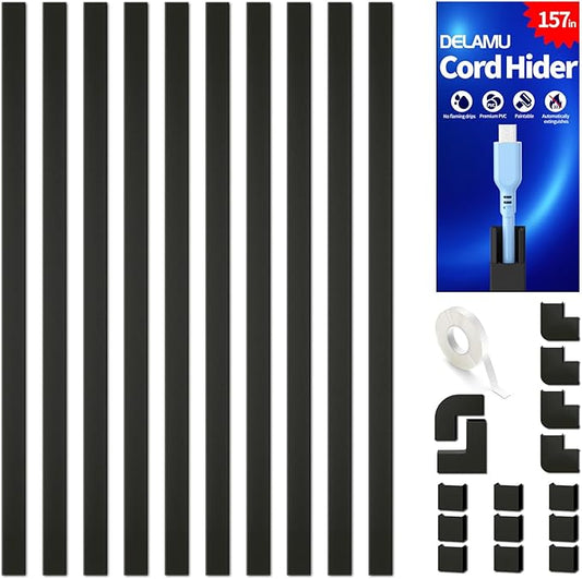 Delamu 157in Cord Covers for Wires on Wall, Cord Hider for 1 Cord, Paintable Cable Hider, Cable Management Wire Covers for Cords,W0.55 H0.4in, Black