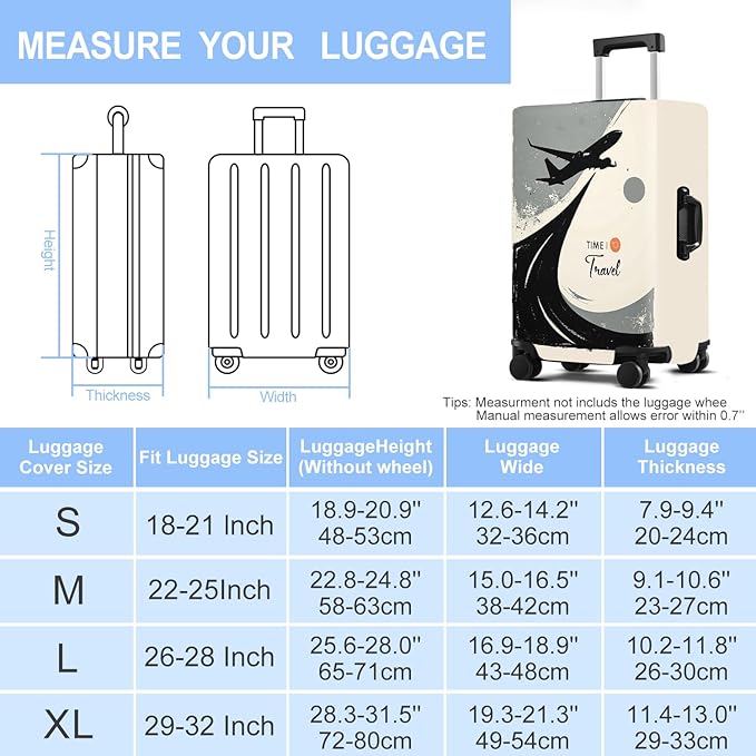 Suitcase Cover with Time to Travel Design, Luggage Protector, Fit for 24-26Inch Luggage Durable Travel Bag Cover with Zipper Closure
