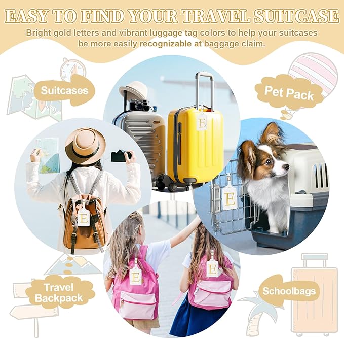 Personalized Initial Luggage Tags for Suitcase TSA Approved, White Leather Cute Luggage Tag with Privacy Cover Name Card, Embroidered Custom Luggage Tags Travel Baggage Tags Gifts for Women Kids(E)