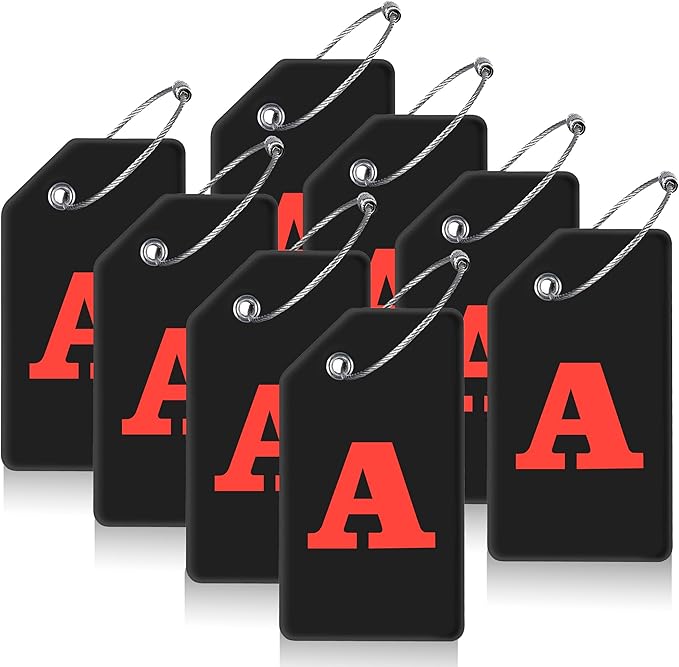8 Pcs Luggage Tags for Suitcases, 26 Initial Letter Travel Luggage Baggage Identification Labels ID Tags Fully Bendable Tags with Stainless Steel Loop (Letter A, Black)