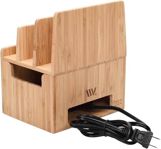 Bamboo Universal Multi Device Cord Organizer Stand and Charging Station for Smartphones, Tablets, and Laptops Includes 6-USB Port Hub Charger with Power Supply