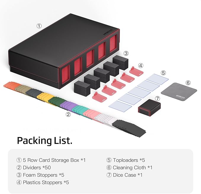 Trading Card Storage Box 5-Row 3900+ Capacity,TCG MTG Card Case with Magnetic Lid & Commander Display,Top Loader Storage for Sports Cards,Includes Dividers Dice Box（Black＆Red）