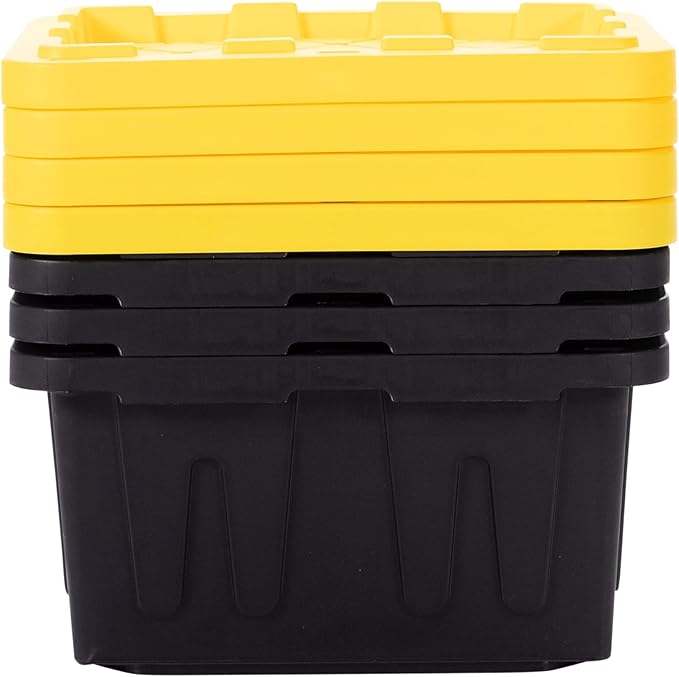 Plastic 5-Gallon Storage Tote with Lockable Lid, Stackable Tough Regular-Duty Bin for Garage, Tools, and Home Organization (4-Pack) - Black and Yellow