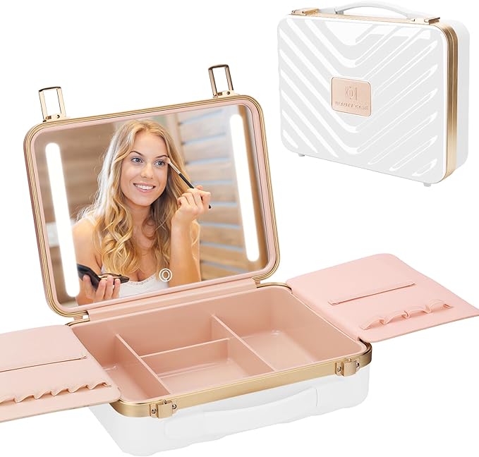 Kalolary Travel Makeup Train Cases with Lighted Mirror 3 Color Setting, Makeup Bag Cosmetic Case Organizer Adjustable Brightness Portable Makeup Storage Box For Makeup Brushes Accessories Tools,White