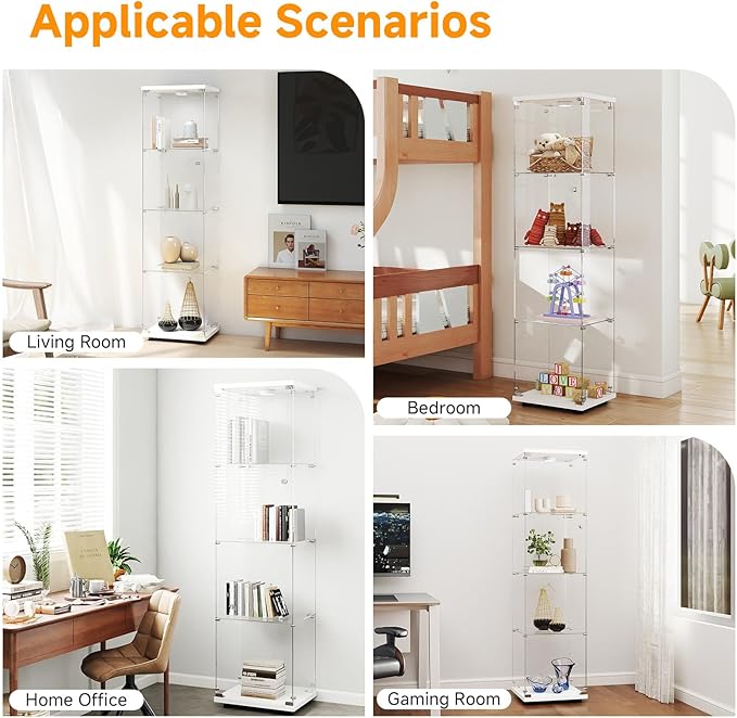 Tempered Glass Display Cabinet with Lights, 4-Tier Curio Cabinet with Glass Doors and Lock, Glass Display Case for Collectibles, for Living Room, Bedroom, Office, White, Single Door