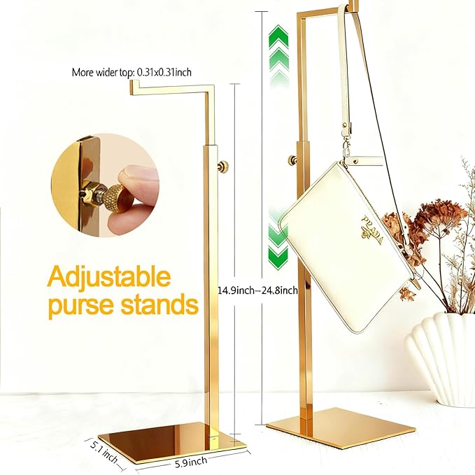 Gold Purse Display Stand, 2 Pack Handbag Display Stand Adjustable Height Stainless Steel Stability Non-slip Base, Large Bags Display Rack Luxury Purse Holder for Table Retail Closet