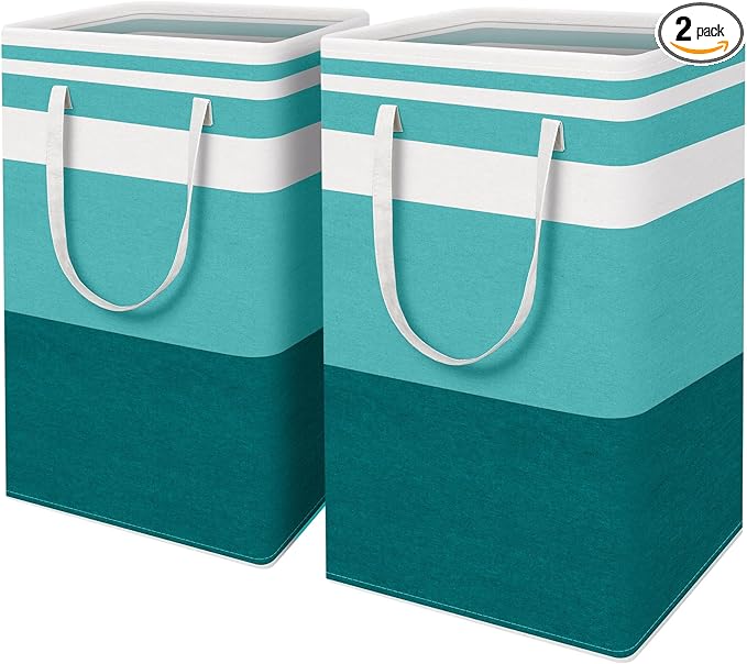 HomeHacks 2-Pack Large Laundry Basket, Waterproof, Freestanding Laundry Hamper, Collapsible Tall Clothes Hamper with Extended Handles for Clothes Toys in the Dorm and Family (Green, 88L)