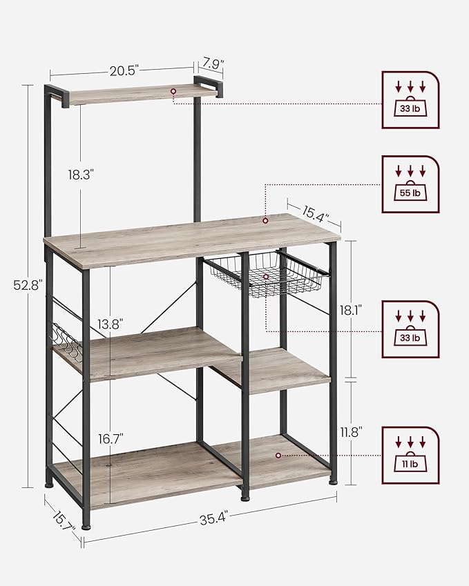 VASAGLE Baker's Rack, Microwave Stand, Kitchen Storage Rack with Wire Basket, 6 Hooks, and Shelves, for Spices, Pots, and Pans, Heather Greige and Ink Black UKKS035B02