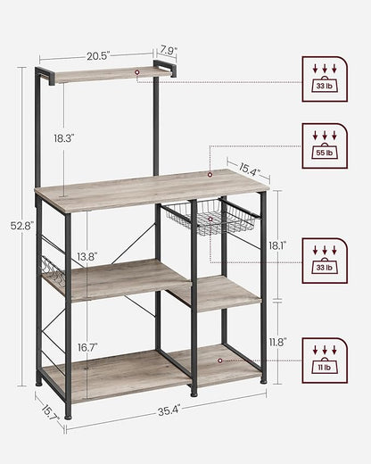VASAGLE Baker's Rack, Microwave Stand, Kitchen Storage Rack with Wire Basket, 6 Hooks, and Shelves, for Spices, Pots, and Pans, Heather Greige and Ink Black UKKS035B02