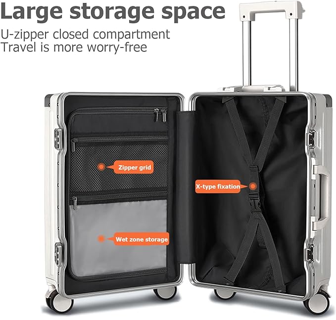feilario 20in Aluminium Frame PC Hard Shell Spinner Wheels Luggage, Built-In TSA lock Carry on Suitcase, with Cup Holder, USB Port, Phone Holder