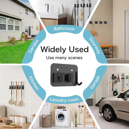 nacena Broom Holder Wall Mount, 4 Packs Black Stainless Steel Mop and Broom Hanger with Hooks Heavy Duty Broom and Mop Organizer Wall Hanging for Bathroom