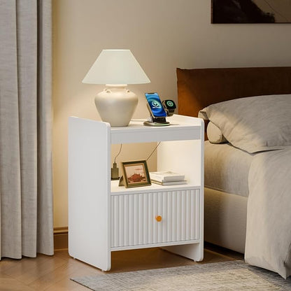 HIFYOBRO 21.6" Tall Fluted Nightstand, End Table with Charging Station and LED Light, Modern End Side Table with Drawer(White)