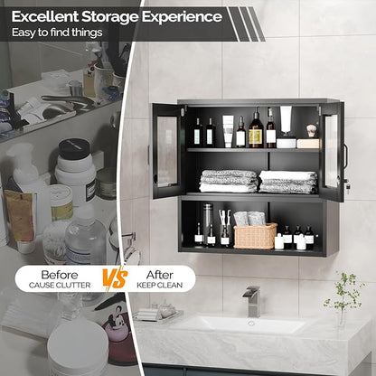 VINGLI Metal Wall Cabinet with Locking Glass Doors, Adjustable Shelf, Wall Mounted Storage Display Cabinets for Garage, Kitchen, Home Office, Warehouse, Living Room, Black