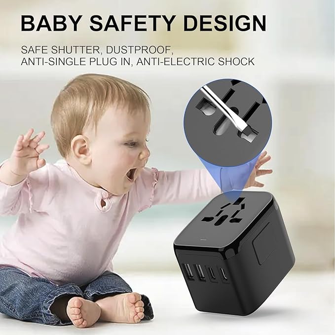 Universal Travel Adapter, 5 in 1 International Travel Plug Adapter with 2 USB A and 2 USB C, Worldwide Travel Plug Adaptor UK to European Power Socket Charger for EU USA UK AUS Asia