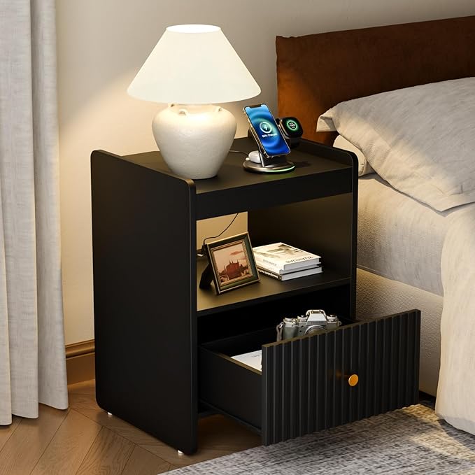 HIFYOBRO 21.6" Tall Fluted Nightstand Set, End Table with Charging Station and LED Light, Modern End Side Table with Drawer (Black)