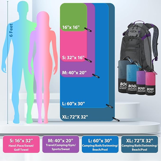 BOGI Microfiber Travel Sports Towel-Quick Dry Soft Lightweight Absorbent Compact Sports Towel for Camping Gym Beach Bath Yoga Swimming Backpacking (XL:72''x32''+16''x16''-Mint)