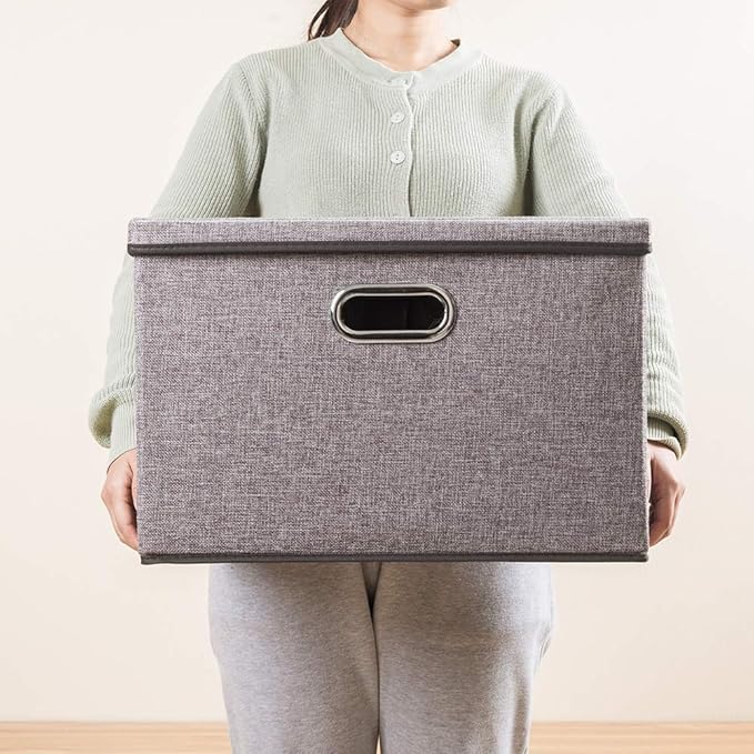 PRANDOM Large Collapsible Storage Containers with Lids [5-Pack] Linen Fabric Foldable Storage Bins Boxes Organizer Baskets Cube with Cover for Home Bedroom Closet Office Nursery (17.7x11.8x11.8)