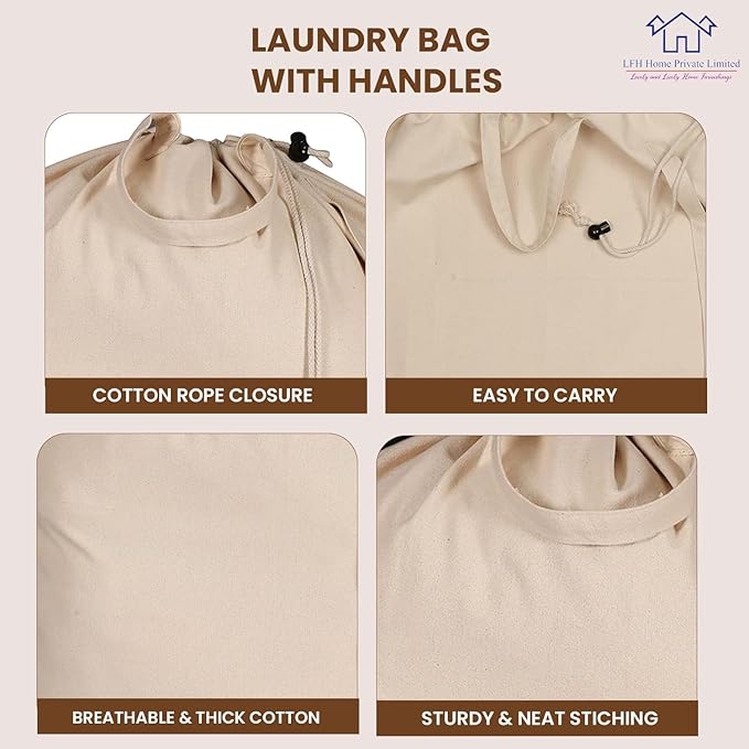 LFH Home Large Premium 100% Cotton Canvas Laundry Bag with Drawstring and Handles Heavy Duty, Multi-Use, and Washable for Home, Travel, College or Storage 24x36 (Pack of 4)-Natural