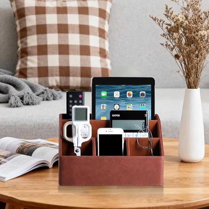 Remote Control Holder with 5 Compartments for Office Art Supplies, PU Leather Nightstand Organizer Pencil Pen Desk Caddy for Home, Desktop TV Remote Control Organizer Storage (Brown)