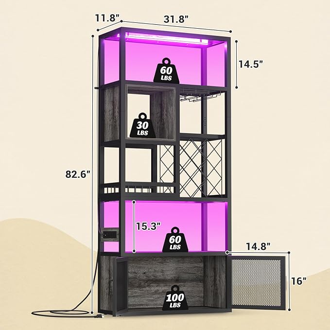 82.6" Tall Bar Cabinet with Power Outlets, 6-Tiers Reversible Wine Cabinet with LED Lights, Glass Holder & Wine Rack, Liquor Storage Cabinet Coffee Bar Unit Station for Dining Living Room, Grey Oak