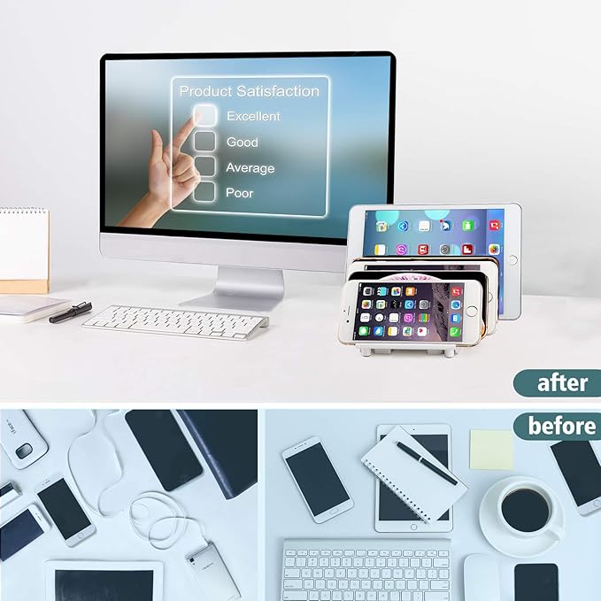 Adjustable Universal Cell Phone Dock Stand Holder, Tablet Organizer Multi Device Desktop Stand for iPhone Samsung Galaxy Google Nexus Kindle - No Charging Port (White)