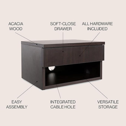 JONATHAN Y NST2002B Ettore 15.71" Mid-Century Modern Floating Wall Mounted Nightstand with Soft-Close Drawer and Cable Hole, Black