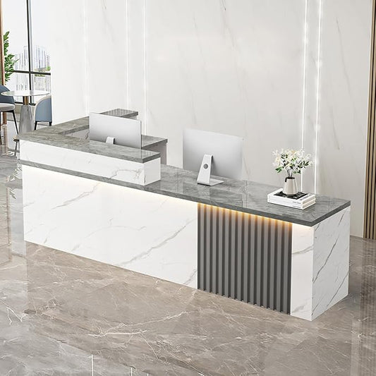 Receptionist Desk with LED Light，Wooden Salon Checkout Counter with Storage Drawer & Keyboard Tray Modern L-Shaped Reception Desk for Barbershop Office Company Store