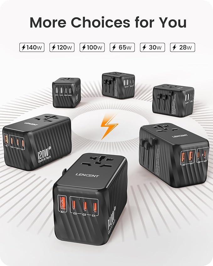 LENCENT Universal Travel Power Adapter, International AC Plug Adaptor with 3 USB A Ports 1 Type C PD Wall Charger Worldwide Travel Essentials for US to EU UK Ireland Australia (Type C/G/A/I) Black