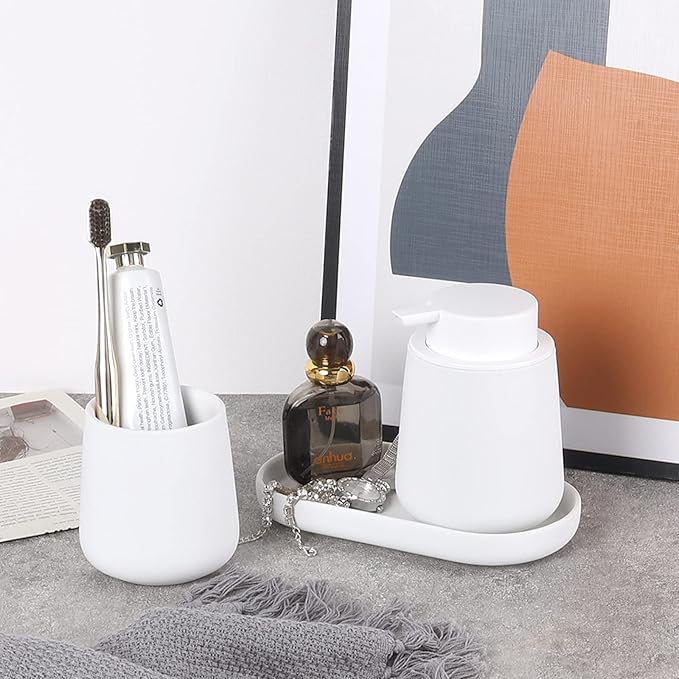 BosilunLife White Bathroom Accessory Set - 3 pcs Ceramic Bathroom Soap Dispenser Set Farmhouse Bathroom Decor Sets Accessories, Soap Dispenser and Toothbrush Holder, Tray (White Set - Liquid Pump)