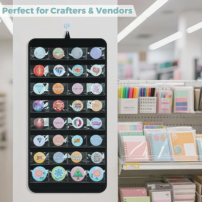 PACMAXI Hanging Badge Button Pin Organizer Display Storage Stand, Enamel Mini Button Pins Display Holder, Hold Up To 32 Pins. (Black-32 Pockets)
