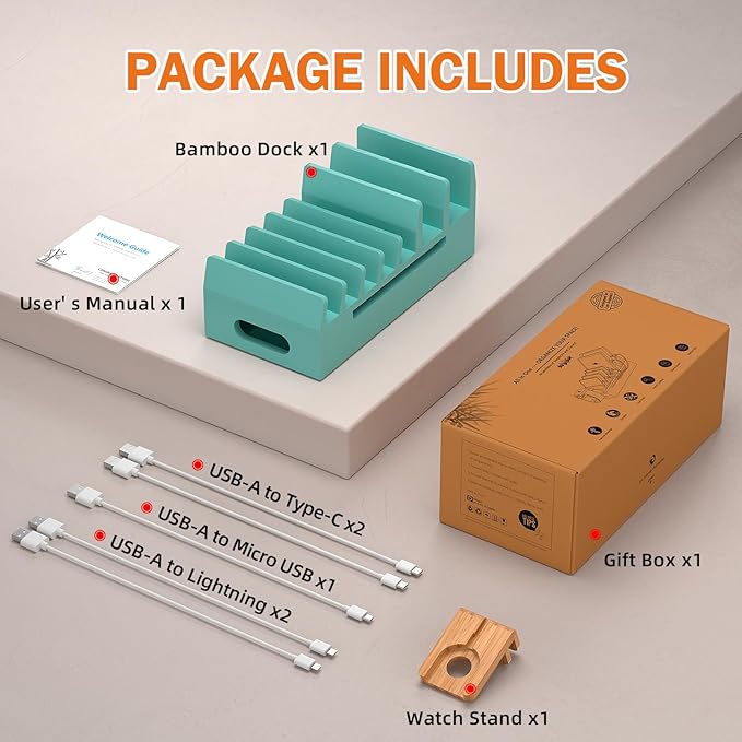Pezin & Hulin Bamboo Charging Station with Watch Stand, Docking Holder for Multi Device with 5 Charge Cables, Desktop Dock Stations Electronic Organizer for Cellphone, Tablet, Watch-Teal