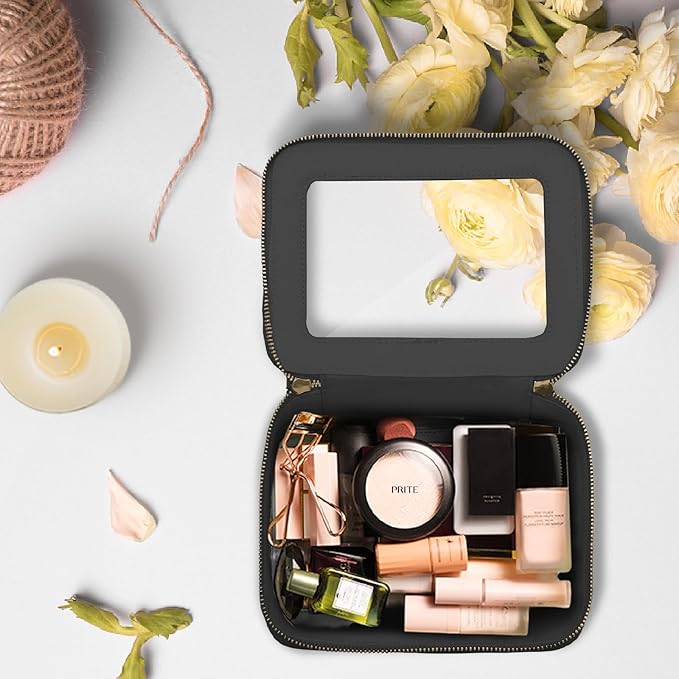 Prite Clear Makeup Bag Cosmetic Organizer Case Waterproof Travel Toiletry Bag Skincare Pouch with Golden Zipper(Black)