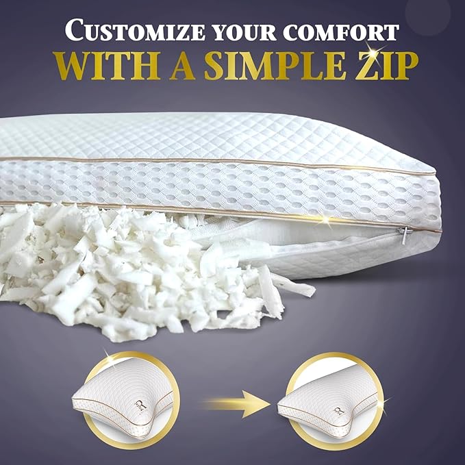Royal Therapy Queen Memory Foam Pillow, Adjustable Shredded Memory Foam Pillows Queen Odor-Free Pillow for Neck & Shoulder Pain Relief, Support for Back, Stomach, Side Sleepers, BioForm