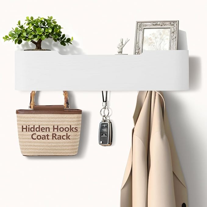 Coat Rack Wall Mount with Hidden Hooks Modern Key Holder Wood Entryway Hook with Shelf for Bedroom Kitchen Hallway Bathroom Designed for Hanging Coats Hats Bags Towels Dog Leashe(White,4 Hooks)