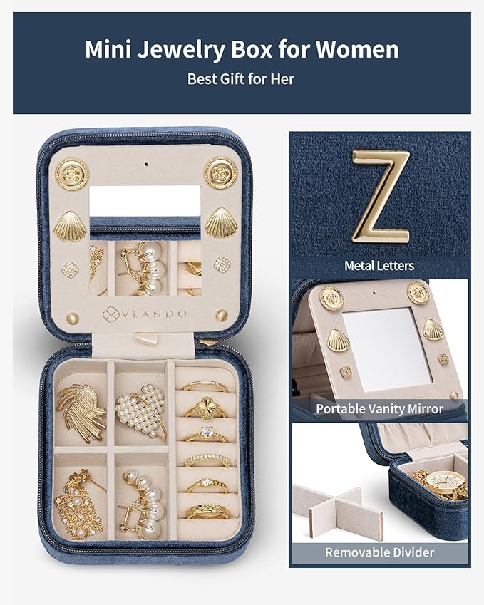 Vlando Teacher Appreciation Jewelry Travel Case for Women - Organizer Gift, Letter Z, Dark Blue