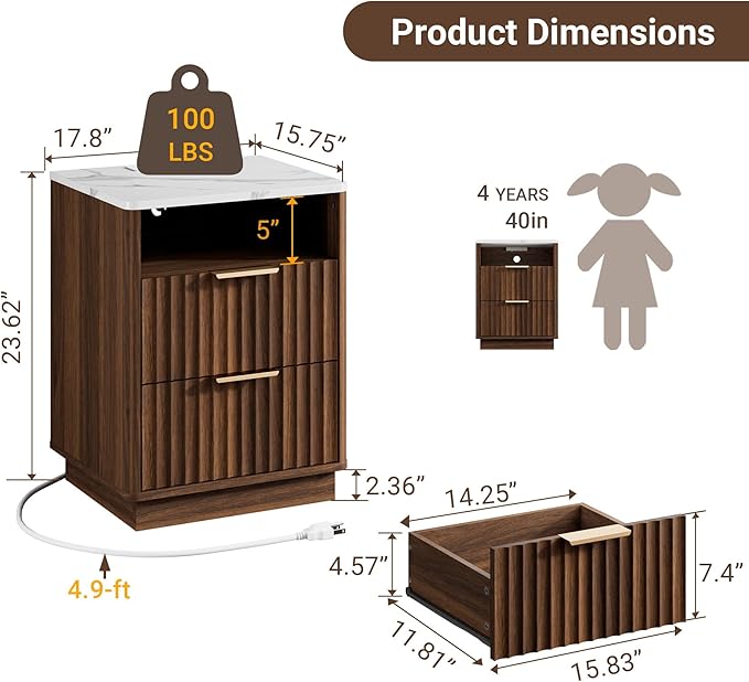 Fluted Night Stand with Charging Station, 18" Modern Nightstand with Faux Marble Top, 2 Drawers End Table with Storage, Bedside Table for Bedroom Living Room, Curved Profile Design(Walnut)