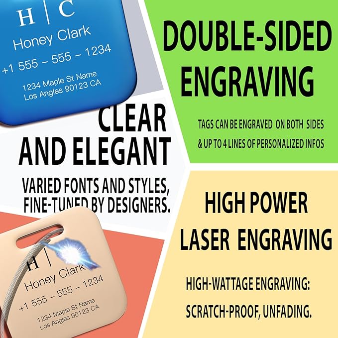Stainless Luggage Tags for Suitcases 4 Pack: Metal Personalized Luggage Tags for Backpacks & Bags with Customizable Texts (Rainbow)