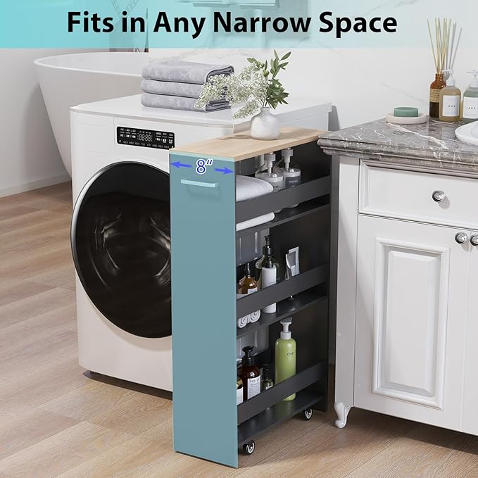 POWERSTONE 4-Tier Slim Storage Cart, Narrow Kitchen Rolling Cart w/Handle & Open Shelves, Skinny Slide Out Utility Organizer Trolley for Kitchen Bathroom Laundry Small Spaces Black & Natural