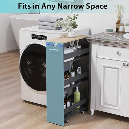 POWERSTONE 4-Tier Slim Storage Cart, Narrow Kitchen Rolling Cart w/Handle & Open Shelves, Skinny Slide Out Utility Organizer Trolley for Kitchen Bathroom Laundry Small Spaces Black & Natural