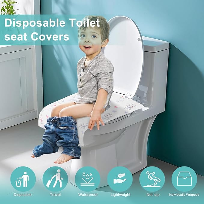 50 Packs Toddler Toilet Seat Covers Disposable, Disposable Toilet Seat Covers for Travel Waterproof Non-Woven, Travel Essentials for Kids Toddlers Potty Training (Individual Package)